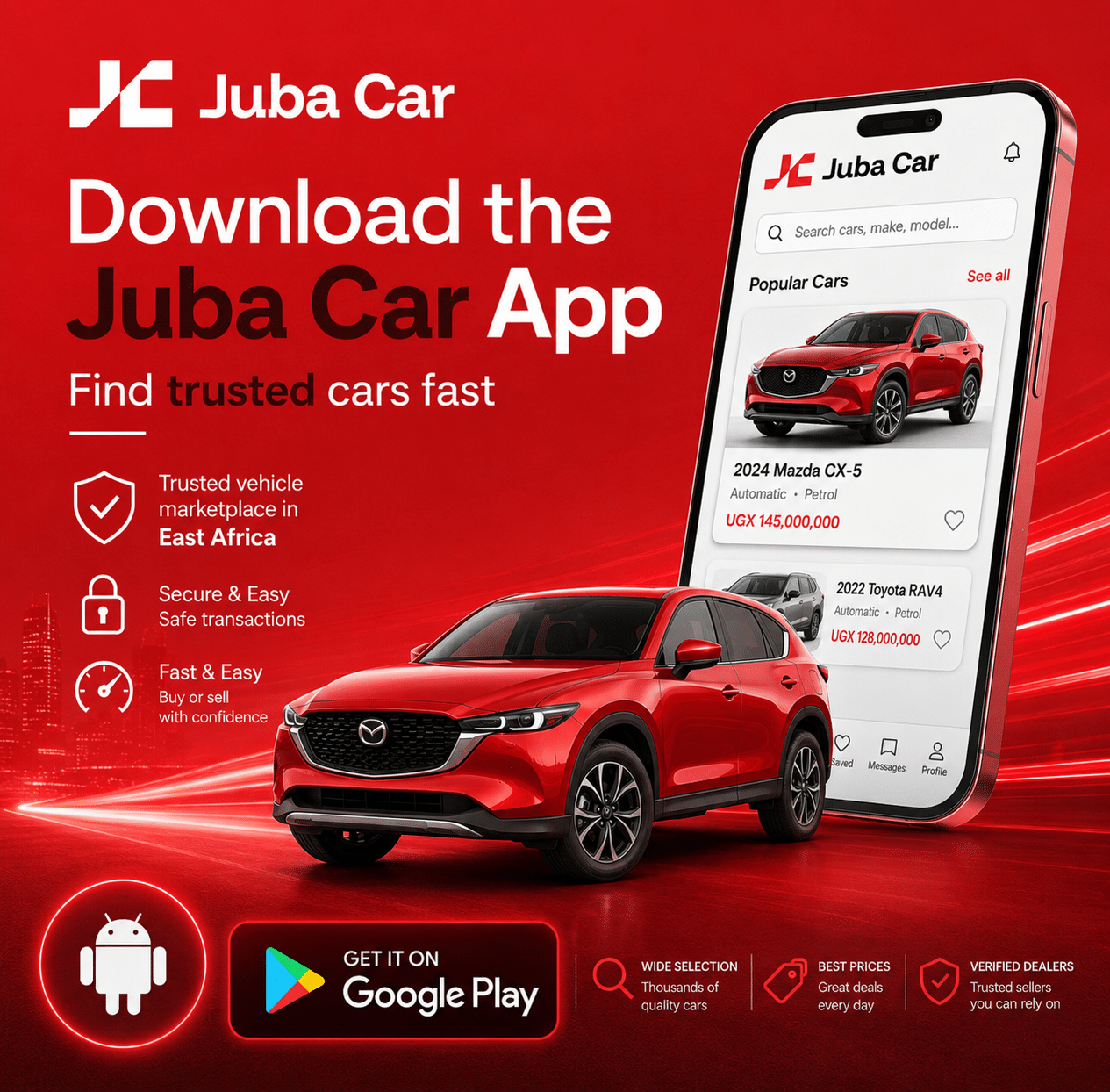 Juba Car app promo on a red background with a red SUV and a tilted phone showing car listings; Google Play badge visible.