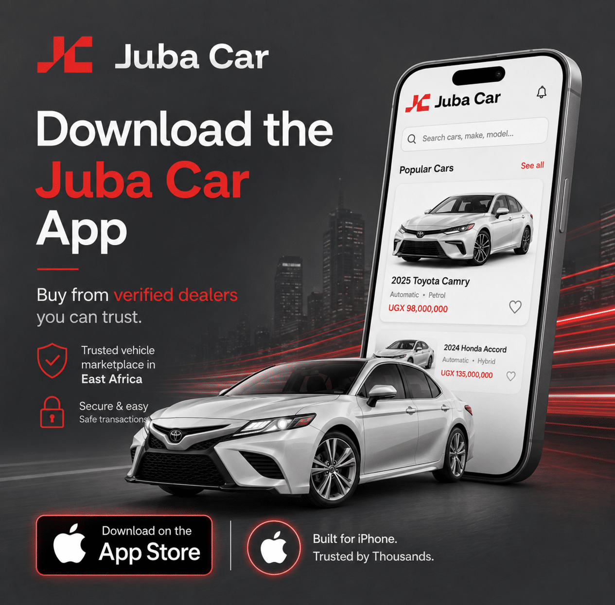 Promotional image for Juba Car app: encourages downloading the Juba Car app with phone mockup showing car listings beside a real car.