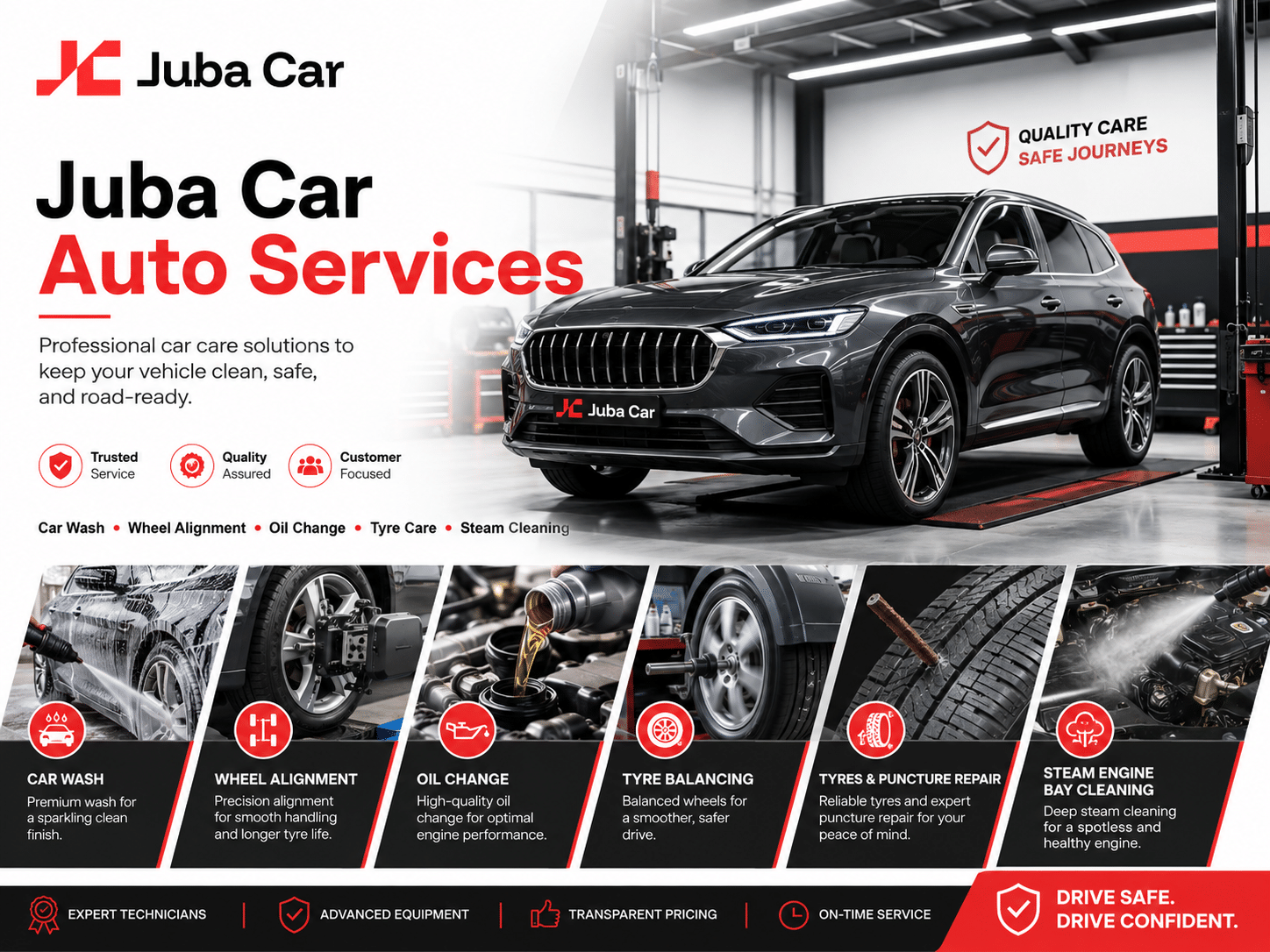 Juba Car Auto Services banner with a dark SUV on a service lift and the 'Quality Care' slogan in a workshop.