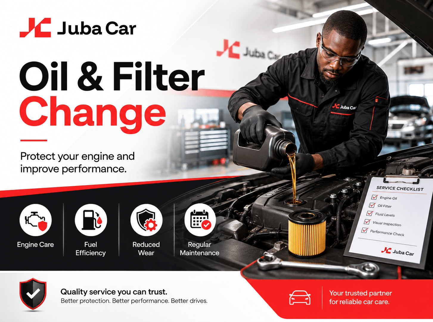 Banner for Juba Car: Oil & Filter Change with a mechanic pouring oil into an engine and a service checklist visible.