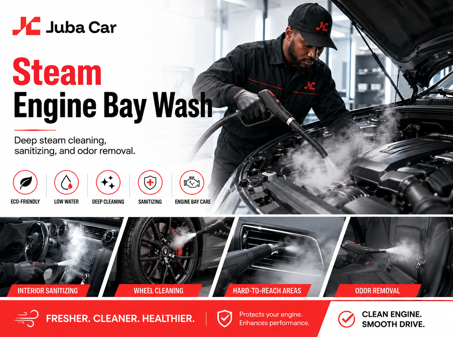 Mechanic in black uniform cleans a car's engine bay with steam; large red 'Steam Engine Bay Wash' headline beside him.