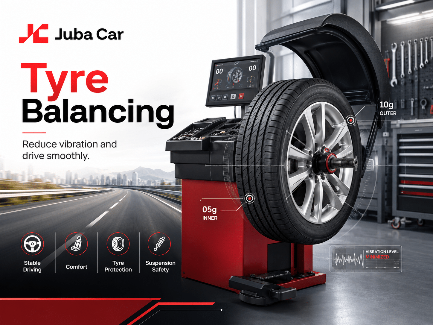 Tire mounted on a balance machine in a workshop with a digital diagnostic screen, part of a Tyre Balancing advertisement.
