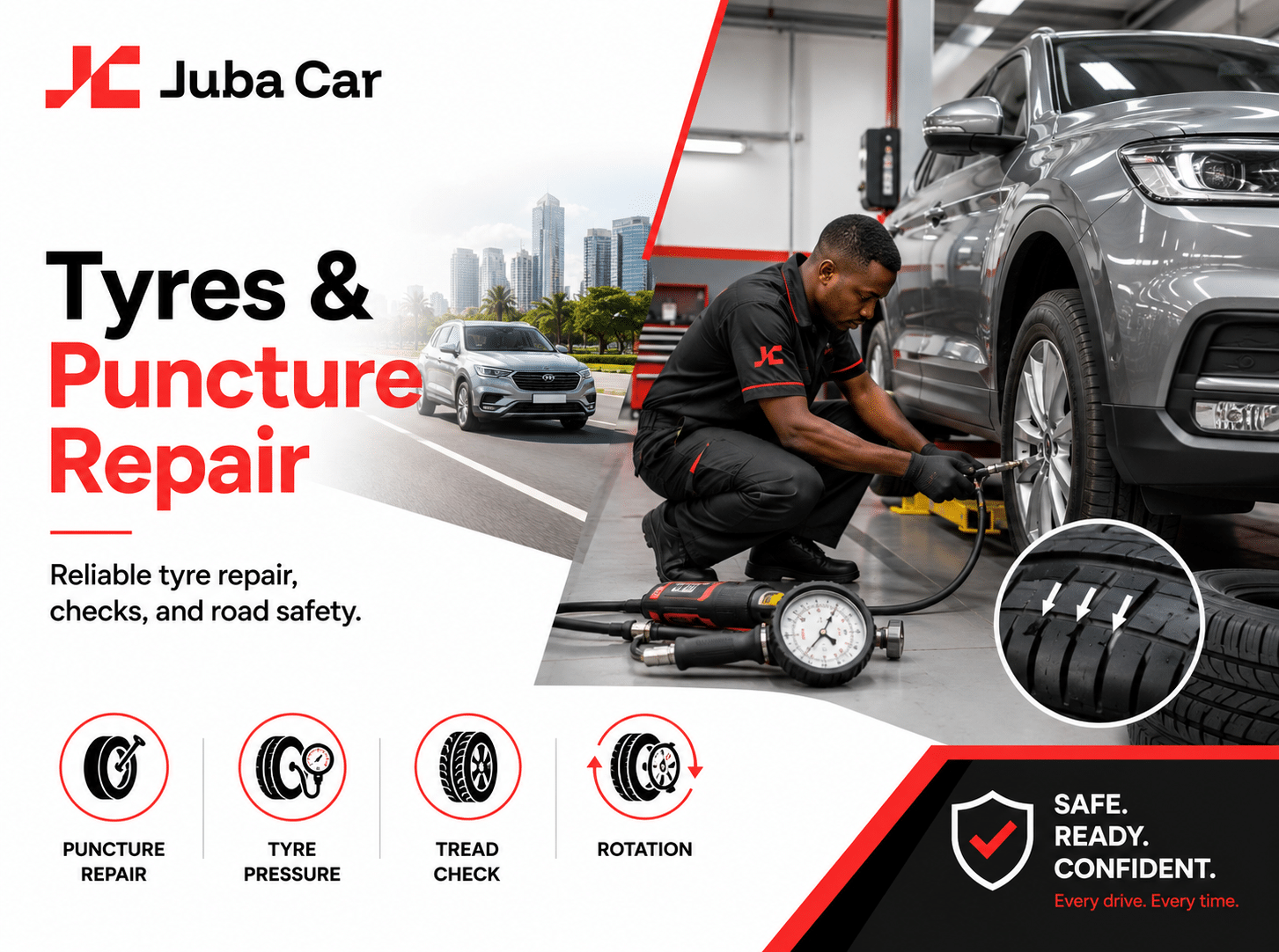 Juba Car banner: Tyres & Puncture Repair headline with a mechanic working on a car tire in a workshop.