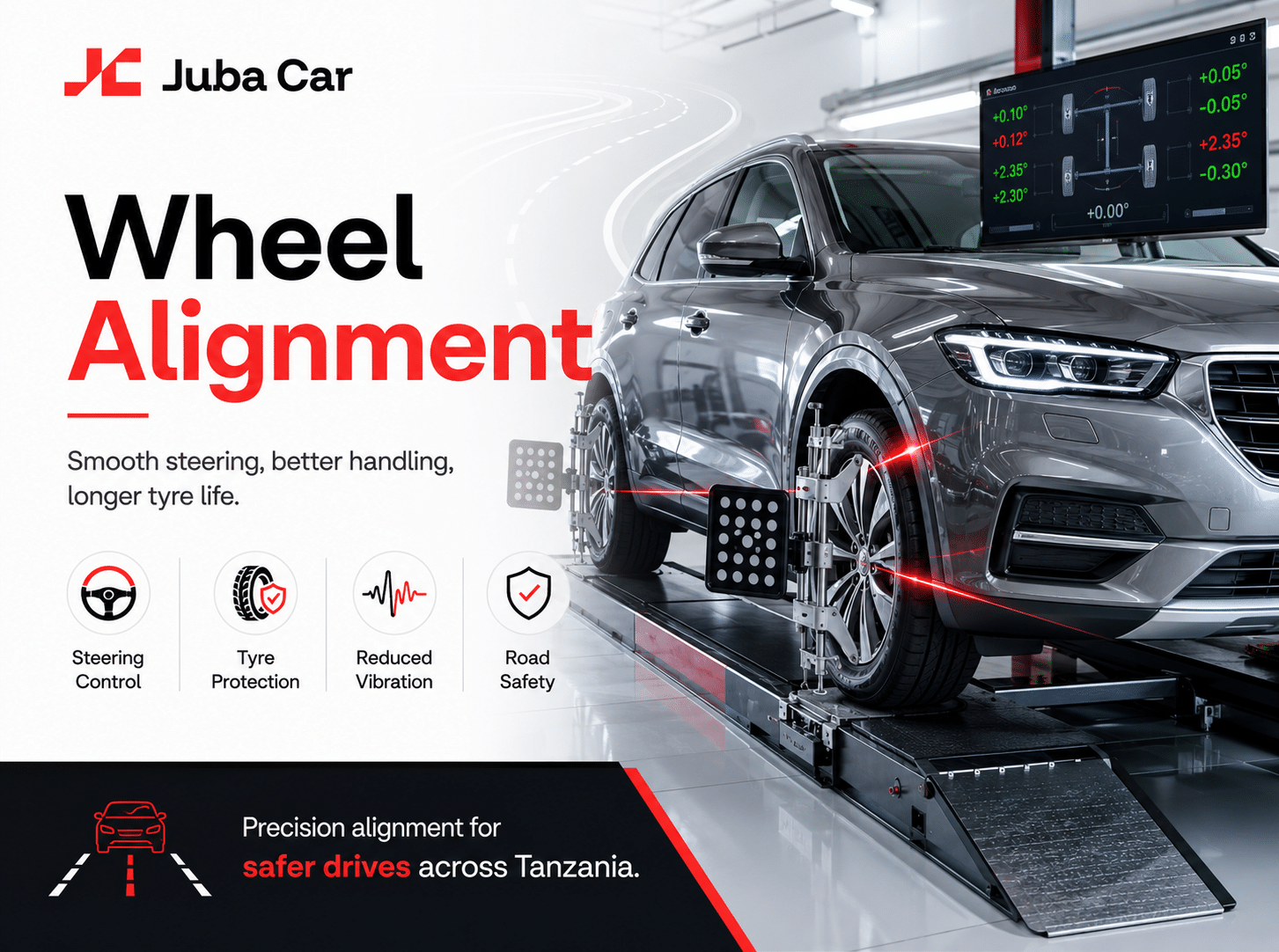 Promotional banner for Juba Car Wheel Alignment showing a car on an alignment rig, with the words 'Wheel Alignment' and icons for Steering Control, Tyre Protection, Reduced Vibration, and Road Safety; Tanzania tagline at bottom.