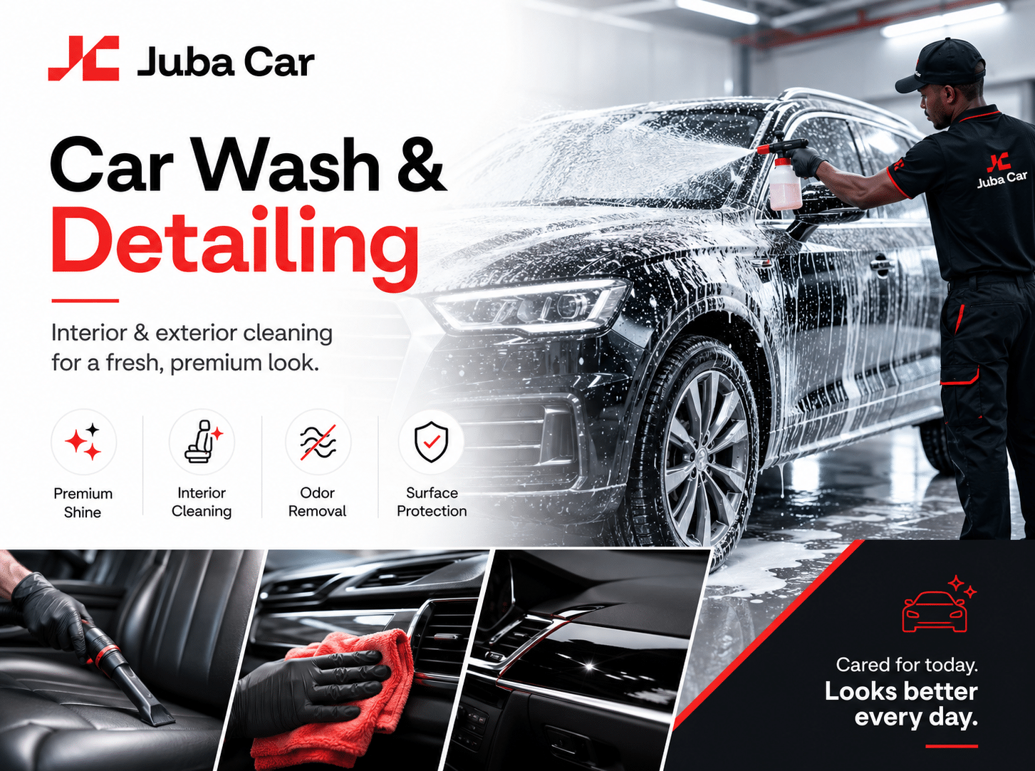 Juba Car promotional banner for car wash and detailing, with a technician washing a car covered in suds under a bright workshop light.